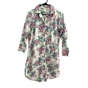 Stan Herman Floral Button-Up Nightgown 3/4 Sleeves Cotton Size M